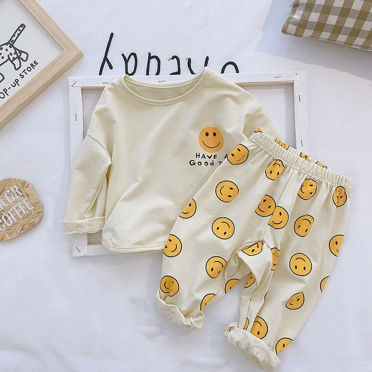 Baby Toddler Boy/Girl Mini Smiling Face Print Pullover Long Sleeve T-shirt & Allover Yellow Sming Face Pants Set