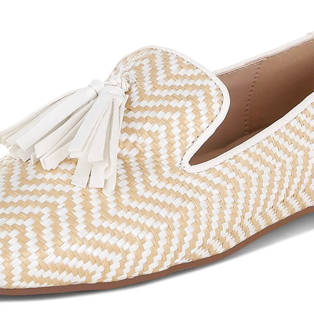 Beige and White Raffia Stripe Round Toe Tassel Loafer Flat Shoes Women