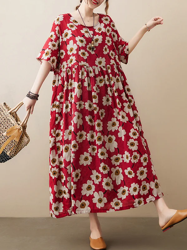 Vintage Artistic Retro Roomy Flower Stamped Pleated Midi Dress