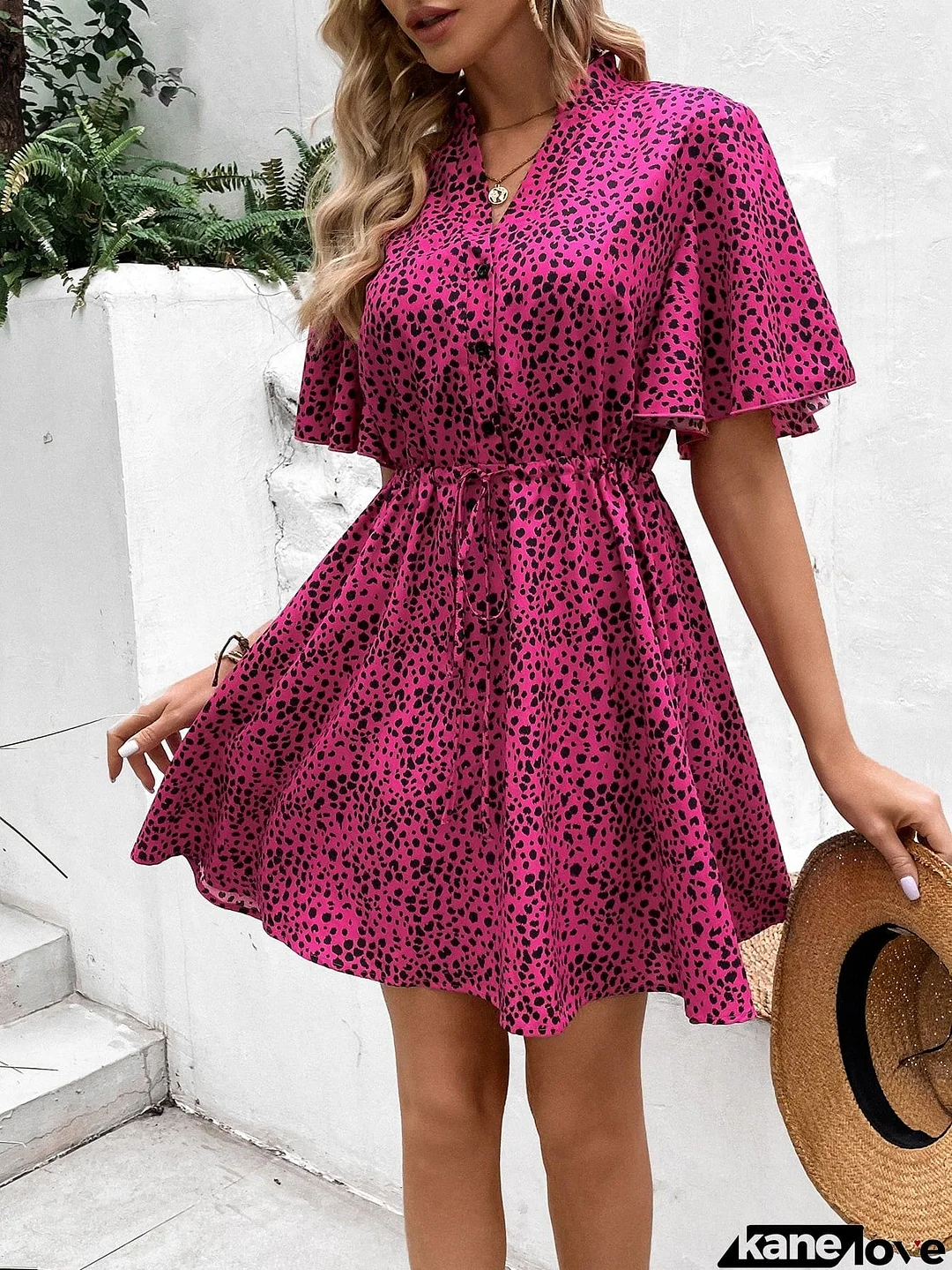 Printed Drawstring Waist Flutter Sleeve Dress