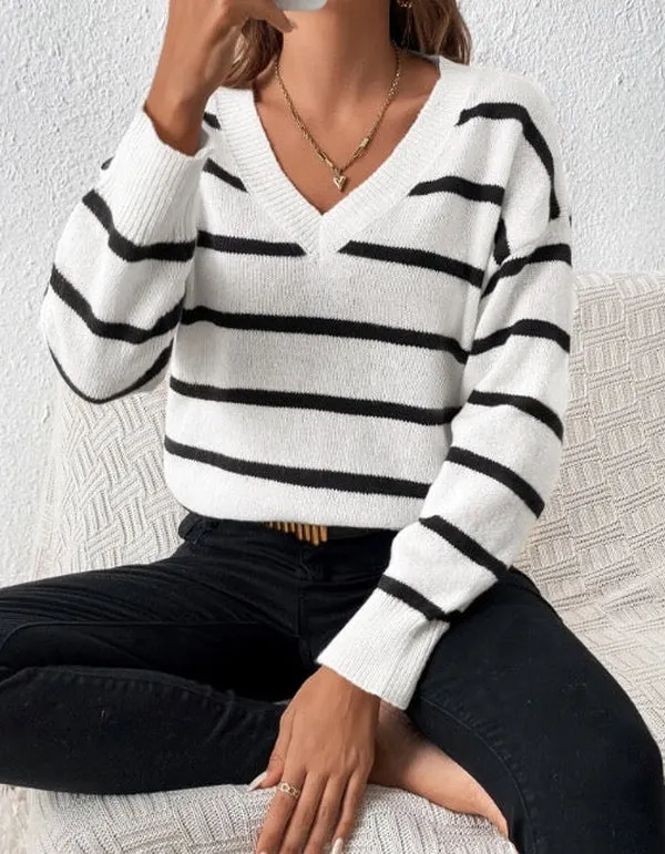 Basic V-Neck Striped Sweater