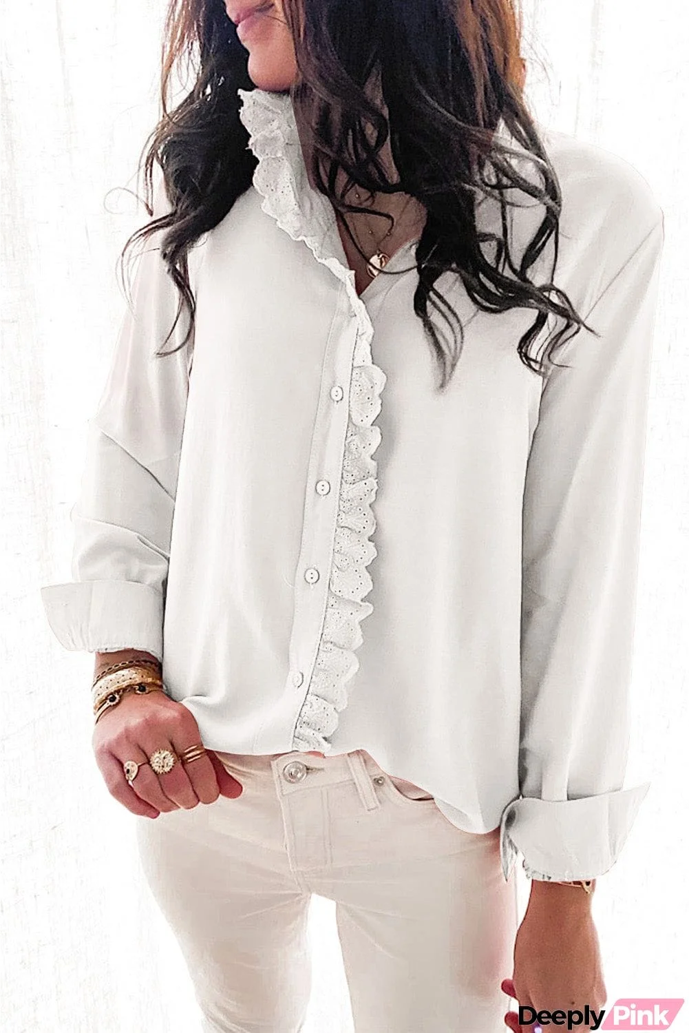 Solid Color Lace Frilled Trims Long Sleeve Shirt