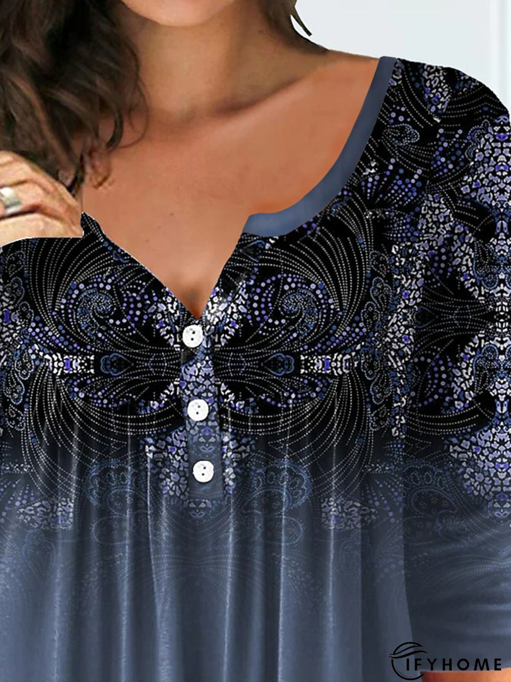 V Neck Gathered Ethnic Buttoned T-Shirt | IFYHOME