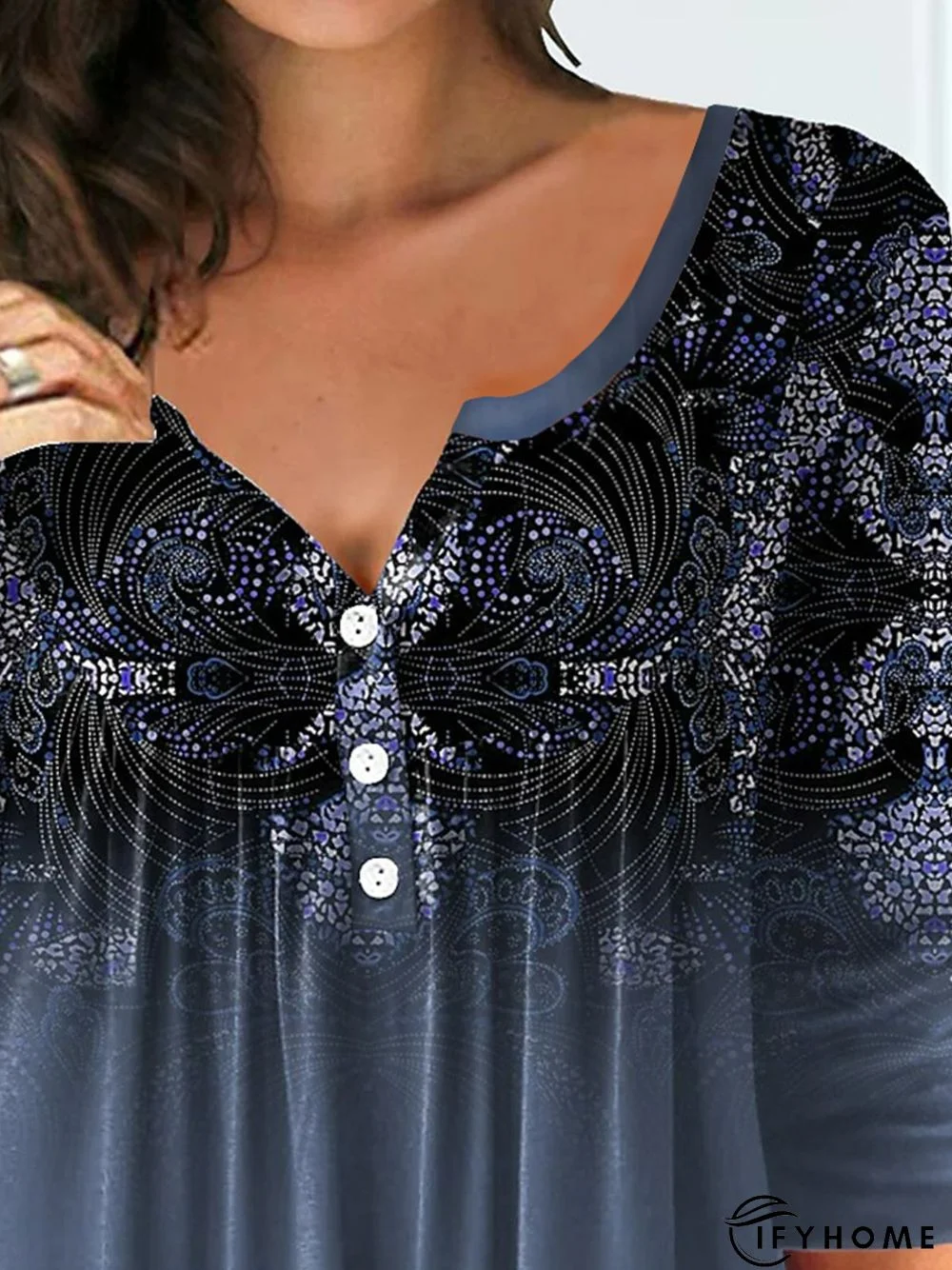 V Neck Gathered Ethnic Buttoned T-Shirt | IFYHOME