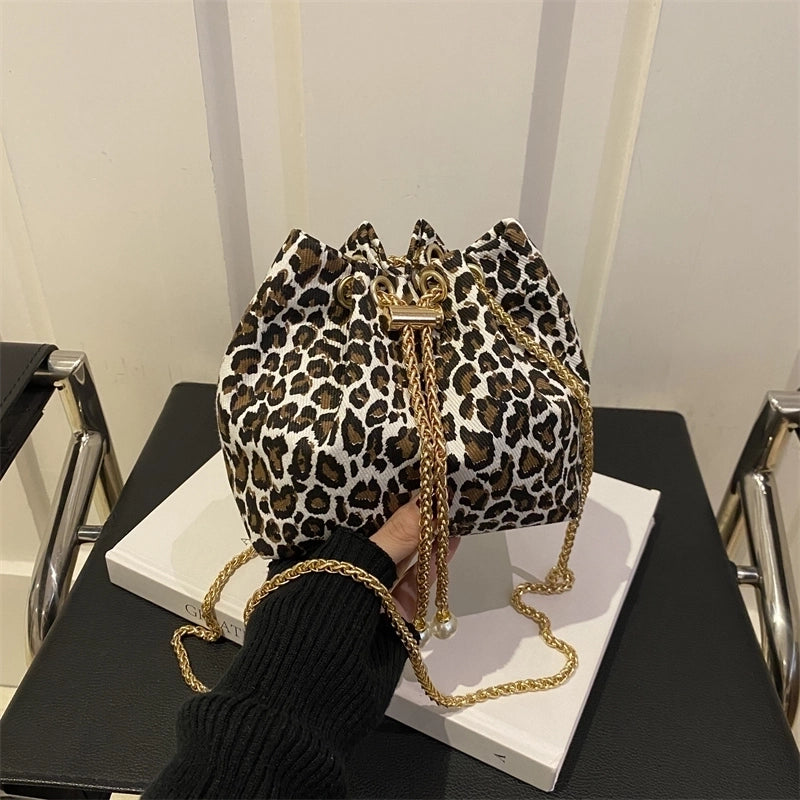 Women’s Cloth Leopard Basic Vintage Style Bucket String Shoulder Bag Crossbody Bag