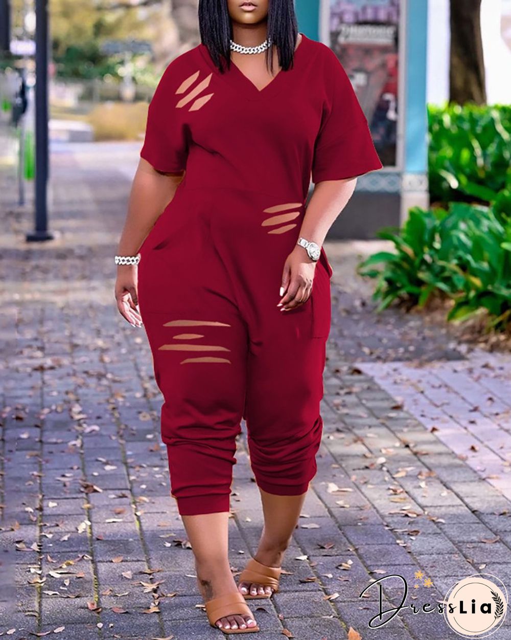 Pocket Design Cutout Short Sleeve Jumpsuit