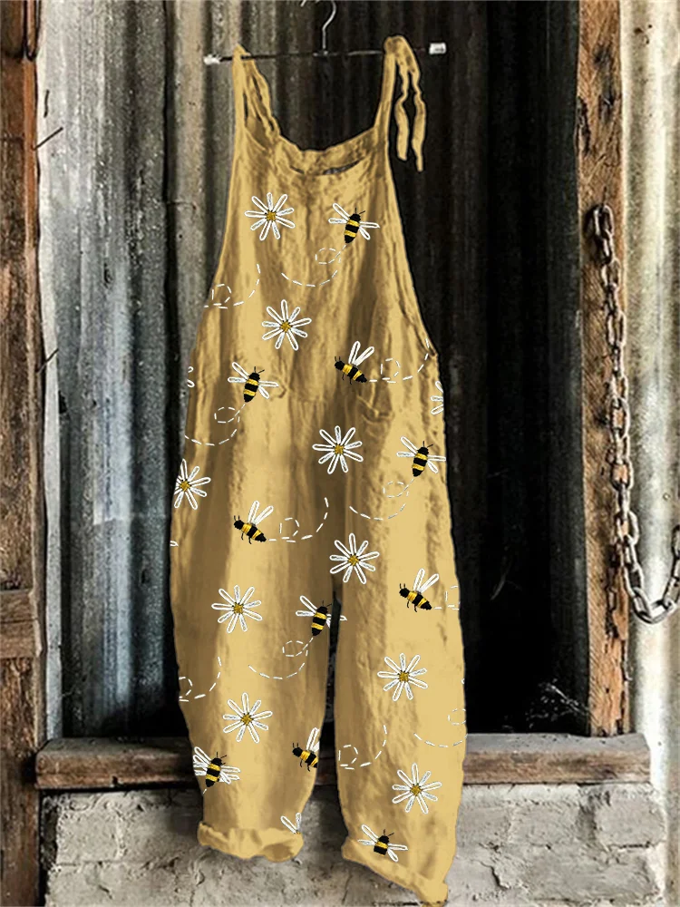Flying Bees & Daisies Embroidery Pattern Jumpsuit