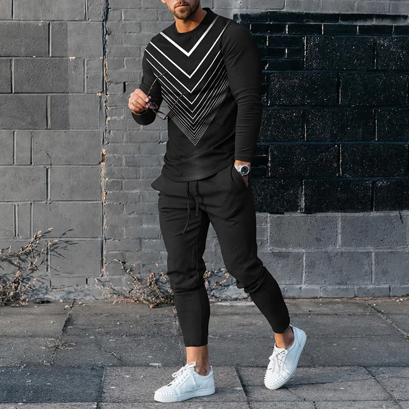 Fashion Men's Abstract Geometric Casual Long Sleeve T-Shirt And Pants Co-Ord