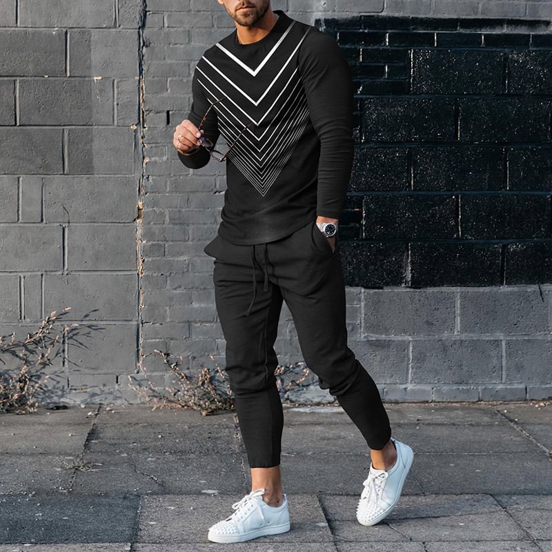 Fashion Men's Abstract Geometric Casual Long Sleeve T-Shirt And Pants Co-Ord
