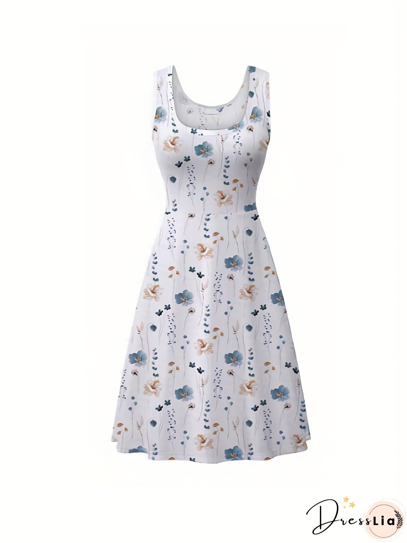 Plus Size Elegant Dress, Women's Plus Floral Print Round Neck Medium Stretch Tank Dress