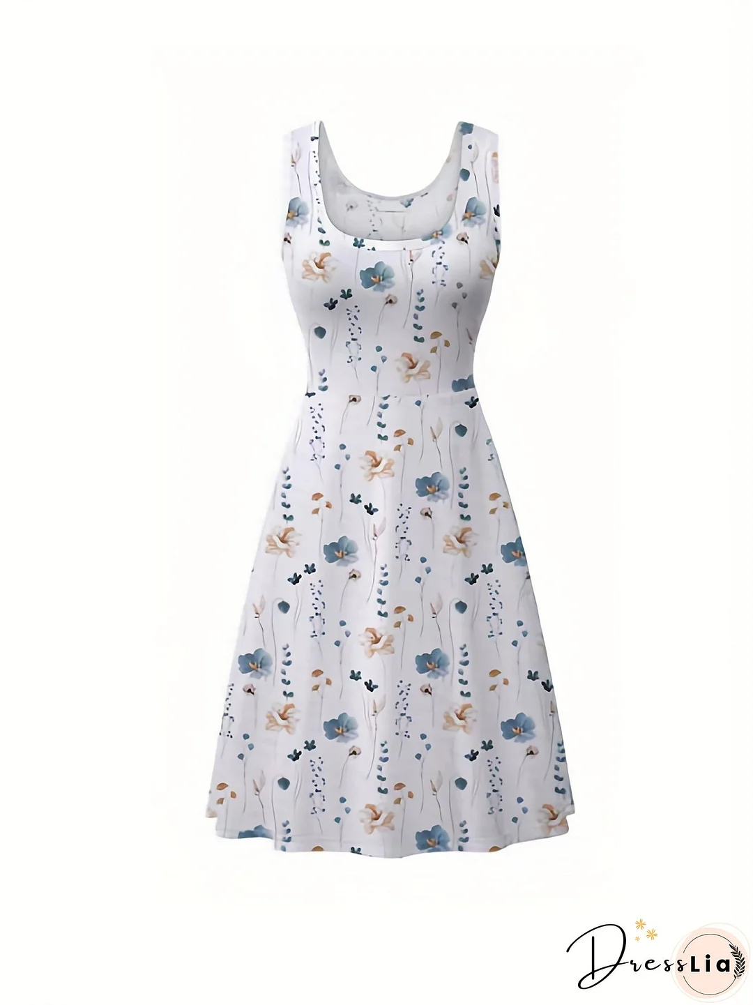 Plus Size Elegant Dress, Women's Plus Floral Print Round Neck Medium Stretch Tank Dress