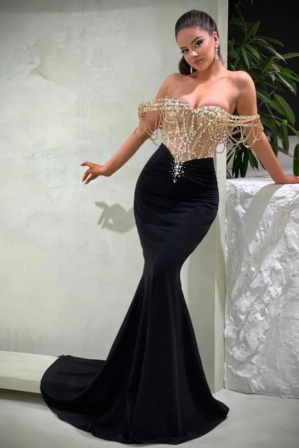  Gold Sequins Black Prom Dress Off the Shoulder Mermaid Gown - ohprom