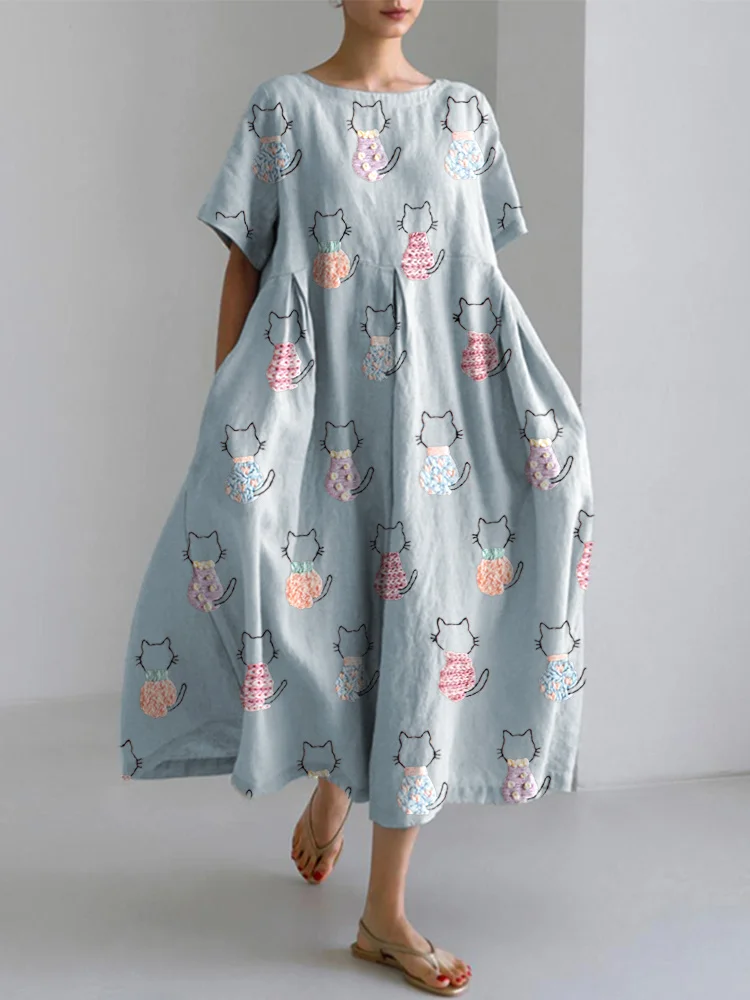 Cute Cat Embroidery Pattern Linen Blend Dress