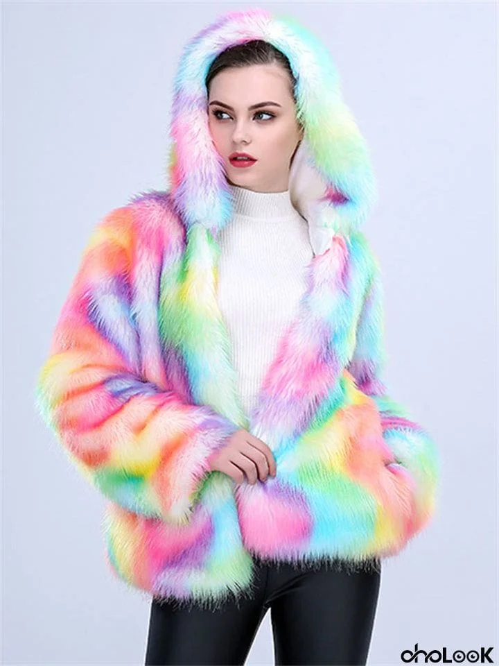 Fashion Hooded Colourful Faux Fur Thicken Lady Gorgeous Coats