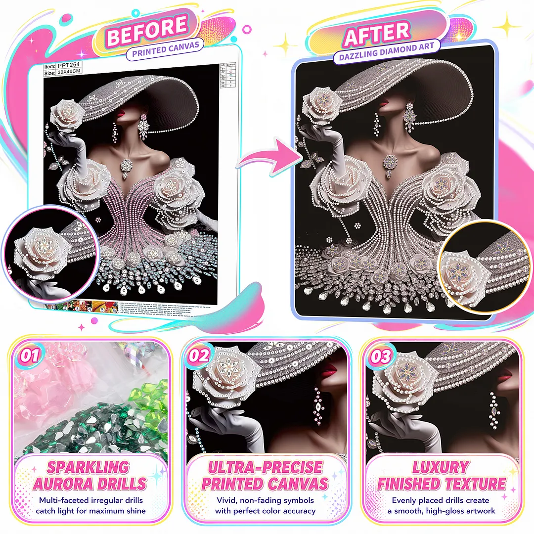Pearl Rose Evening Gown Lady Special Shaped 5D DIY Partial Drill Diamonds Dots Gem Art Kits 11.81x15.75Inch Diamond Dots Paintings Diamonds Paintings Gem Art for Adults Beginners Home Decor