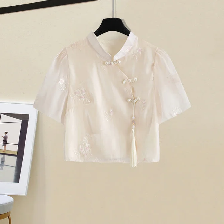 Vintage Hanfu Buckle T-Shirt Lace Up Crane Embroidery Pleated Skirt - Modakawa modakawa