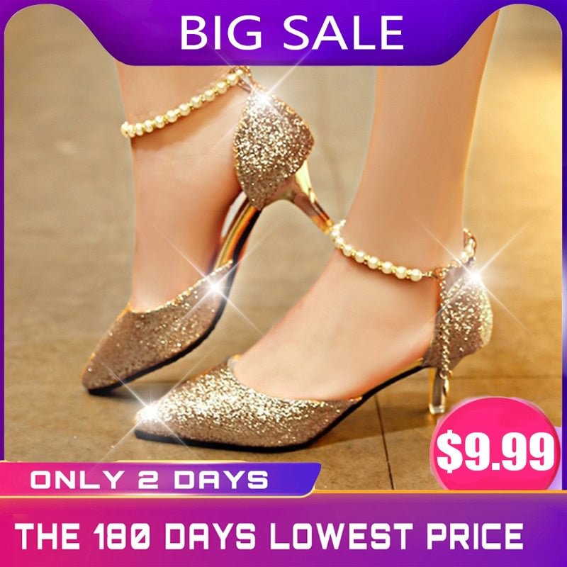 Sexy Pointed Toe Pearl High Heels Shoes Female Fashion Hollow with Sandals Paillette of The Thin Breathable Shoes Women Pumps