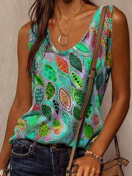 Women Sleeveless U-neck Floral Printed Printed Gradient