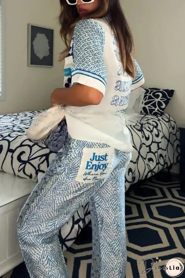 Unique Dragon Print Short Sleeve Loose Shirt and Elastic Waist Pocket Pants Set