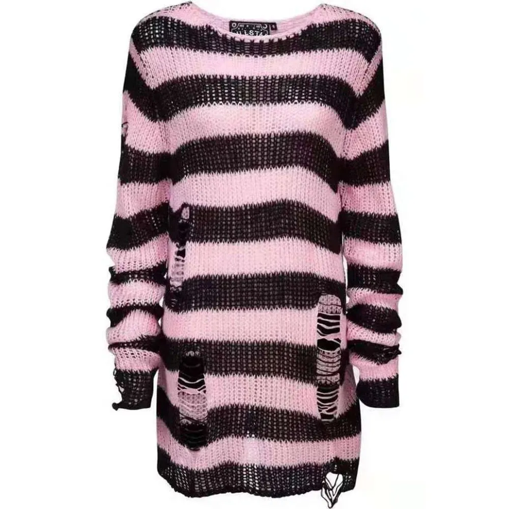 Halloween 200 Gothic Knitted Sweater Women Long Pullovers Striped Loose Winter Ripped Plus Size Sweaters Jumpers Mujer Jersey 924