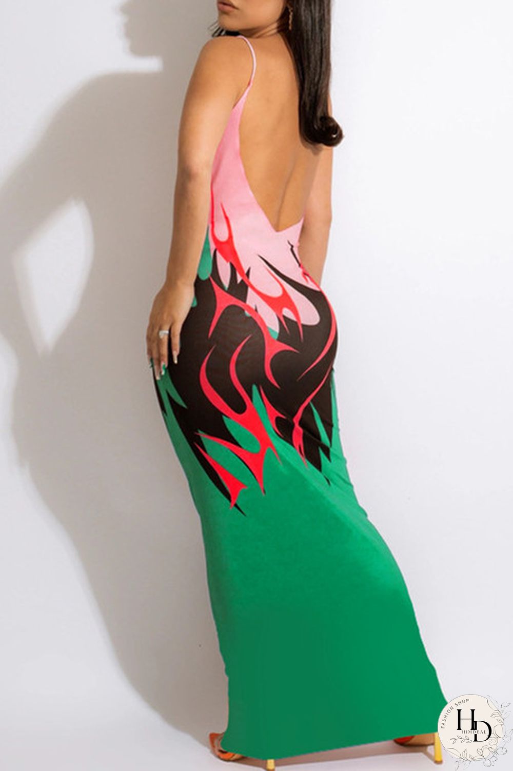 Ginger Fashion Sexy Print Backless Spaghetti Strap Long Dress