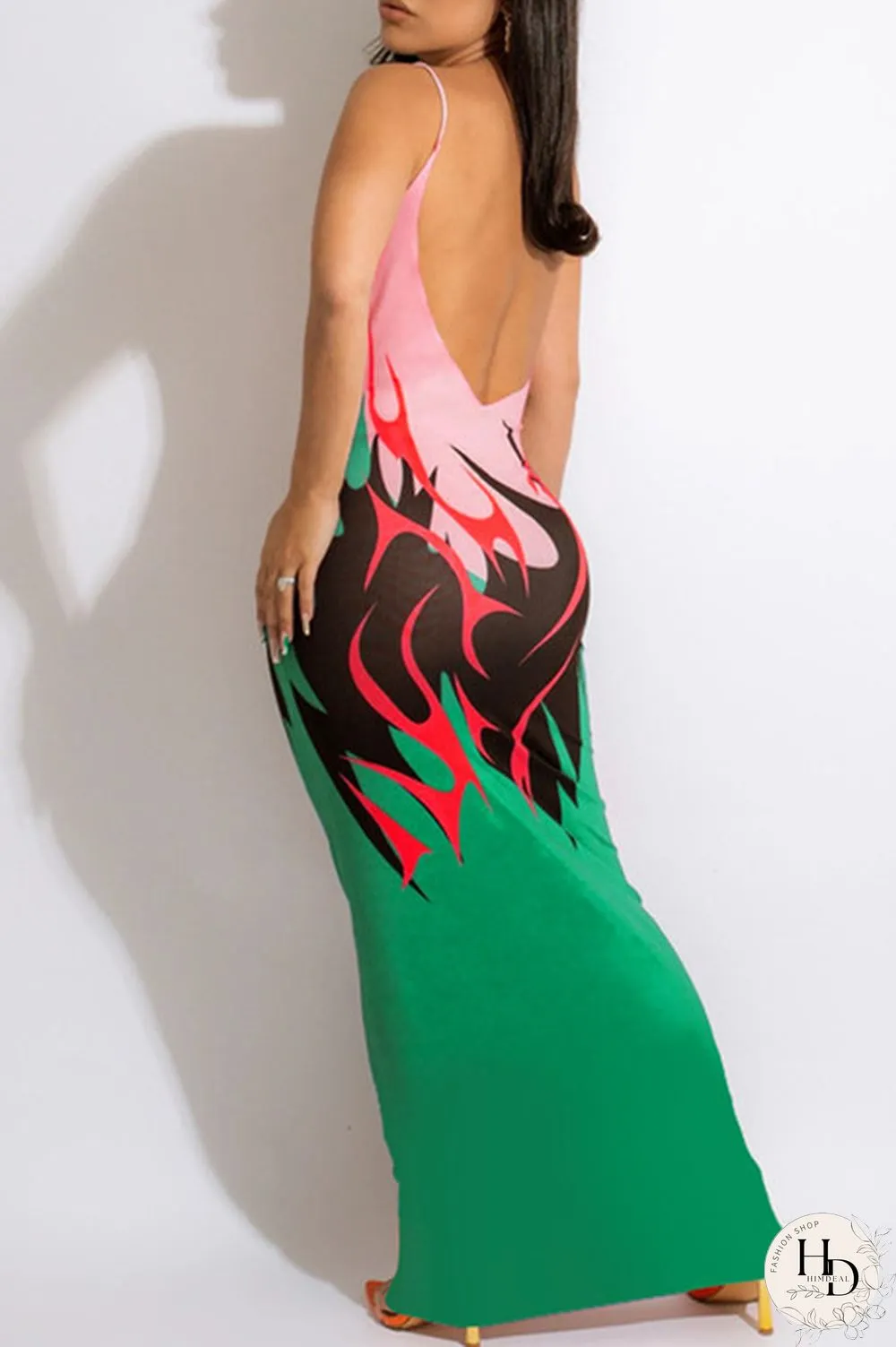 Ginger Fashion Sexy Print Backless Spaghetti Strap Long Dress