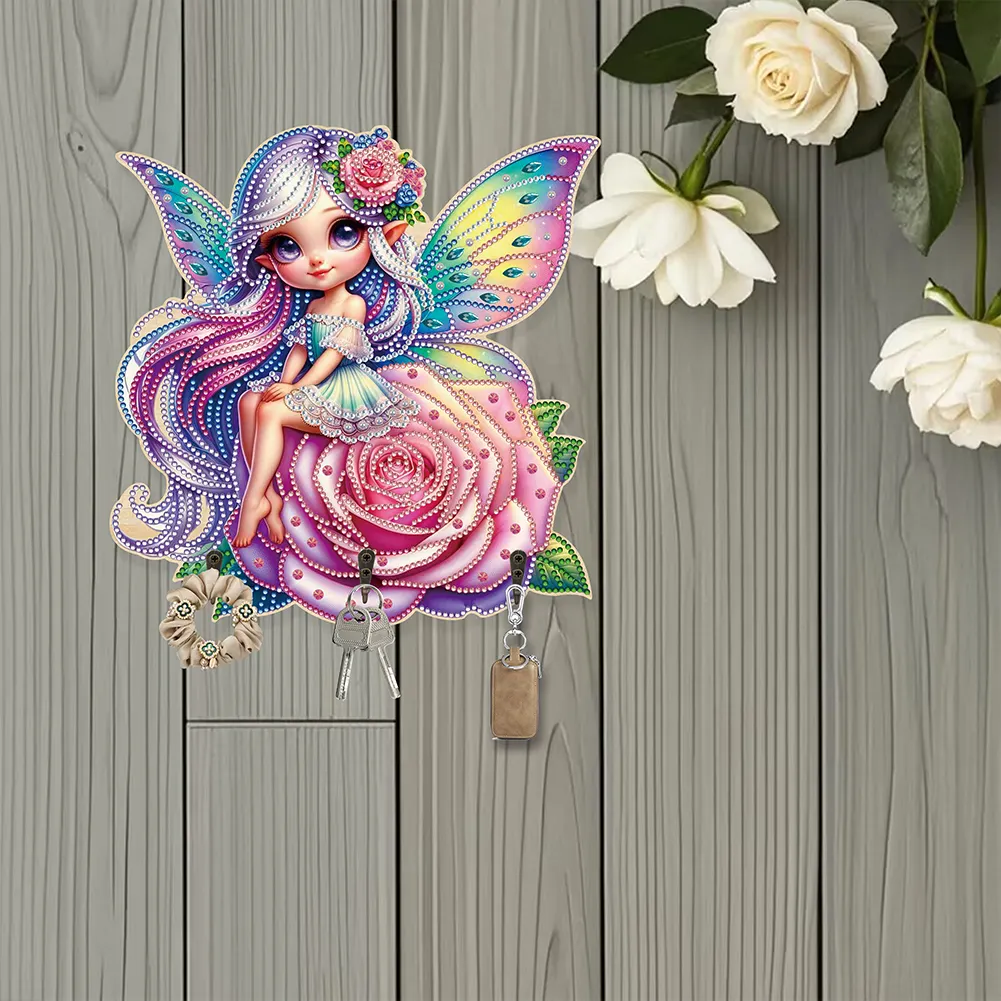 Wooden Elf Girl DIY Diamond Art Craft Wall Hooks A Row of 3 Hooks for Beginners