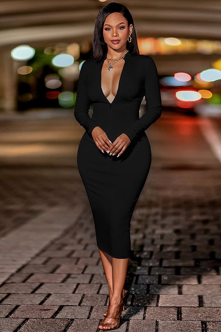 Deep V Zipper Bodycon Long Sleeve Midi Dresses