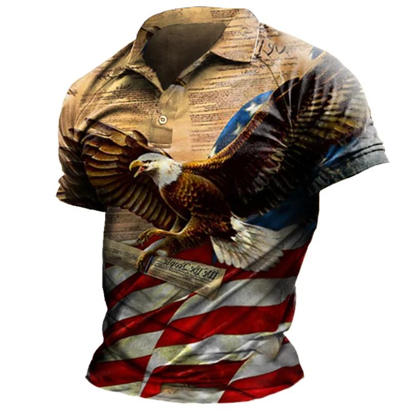 Men's Casual Polo Collar Eagle Print Short Sleeve T-shirt