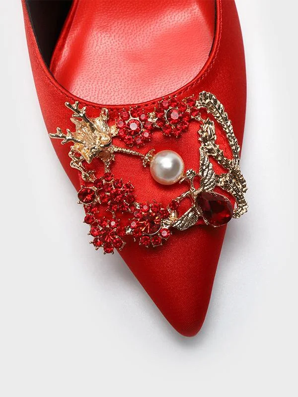 7cm red pointed stiletto high heels with dragon and phoenix rhinestones