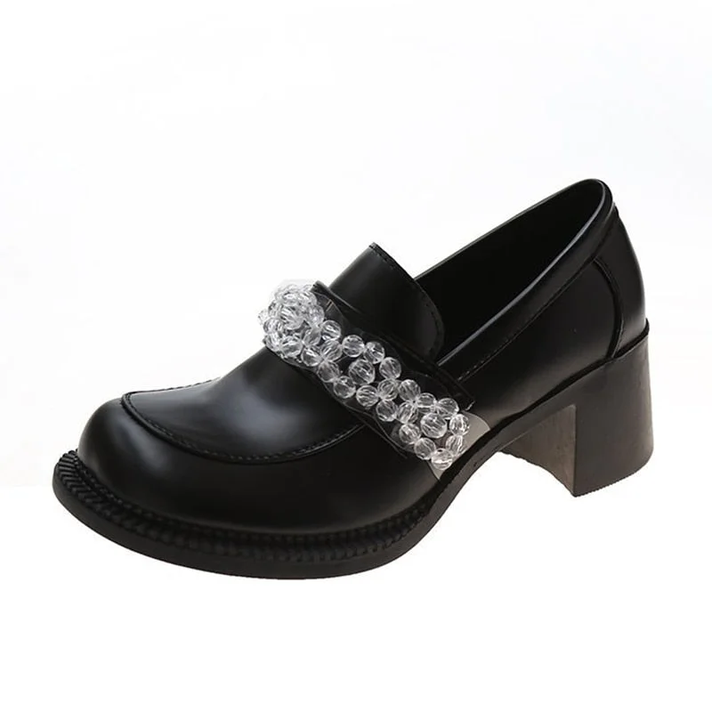 Transparent Bead PU Leather Shoes Woman Retro Round Toe Chunky High Heels Loafers Women 2022 Spring New Black Party Pumps