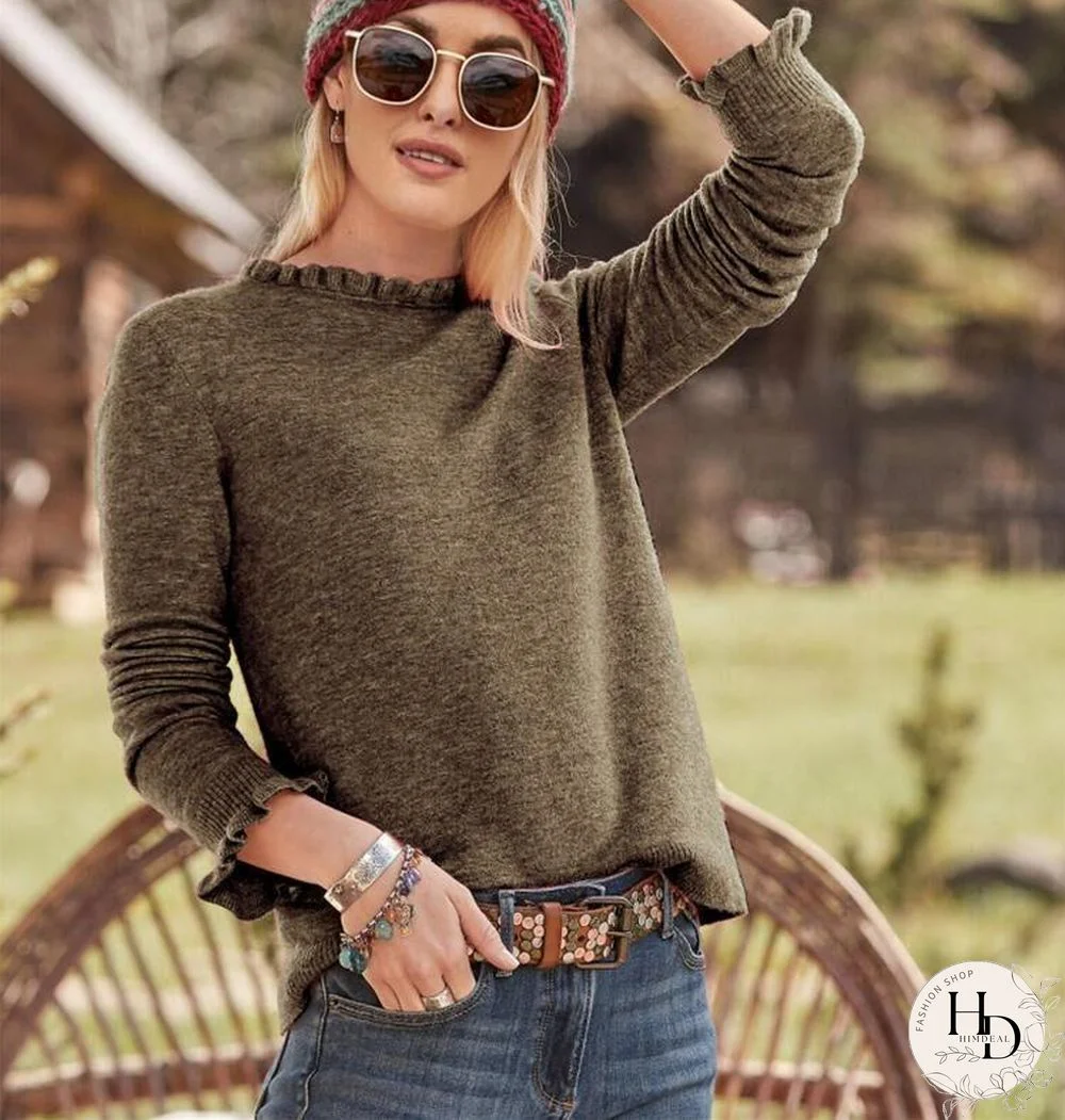 Round Neck Ruffled Sleeve Plain Sweater