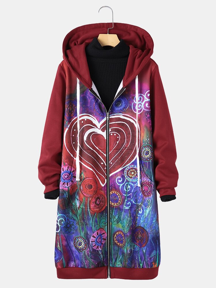 Vintage Heart Floral Printed Hooded Coat For Women - Shop Trendy Women's Clothing | LoverChic
