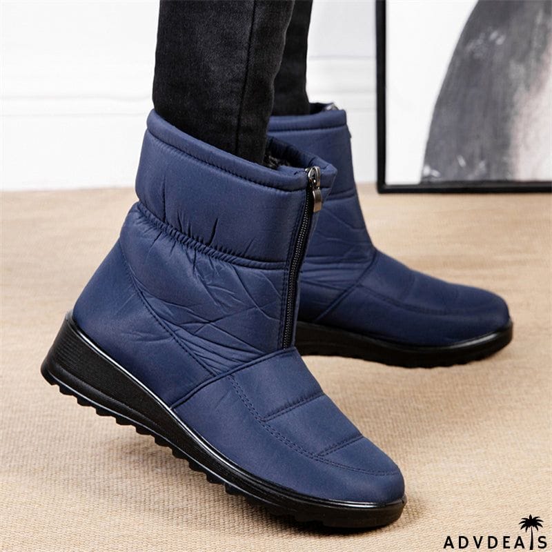 Waterproof Front Zipper Plush Ankle Boots