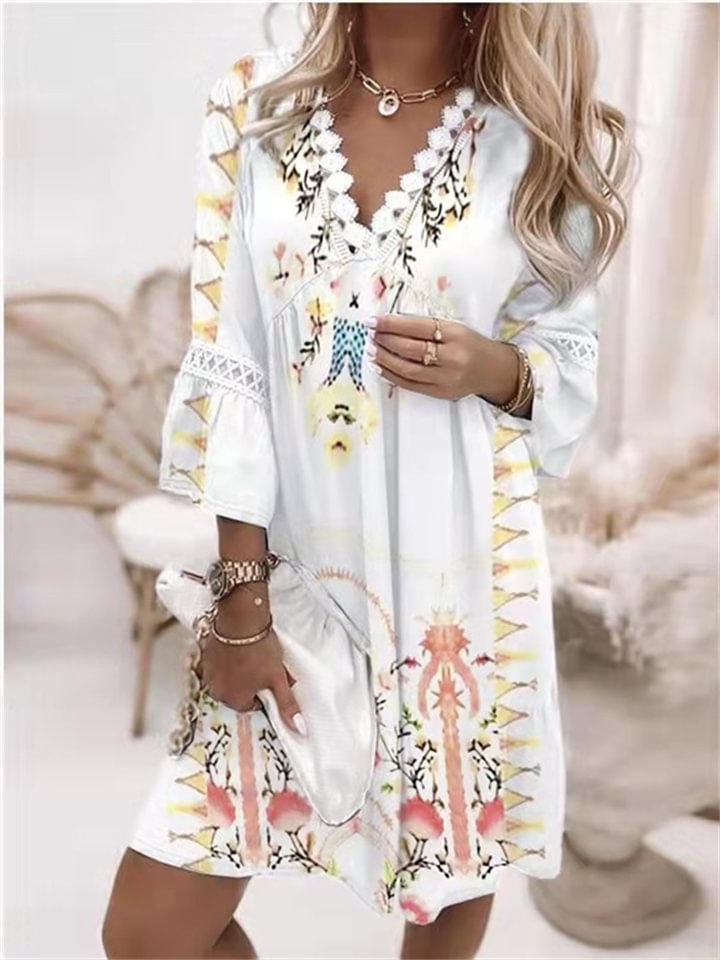 V-neck Print Lace Splicing Bohemian Wind Casual Resort Style Dress-Hoverseek