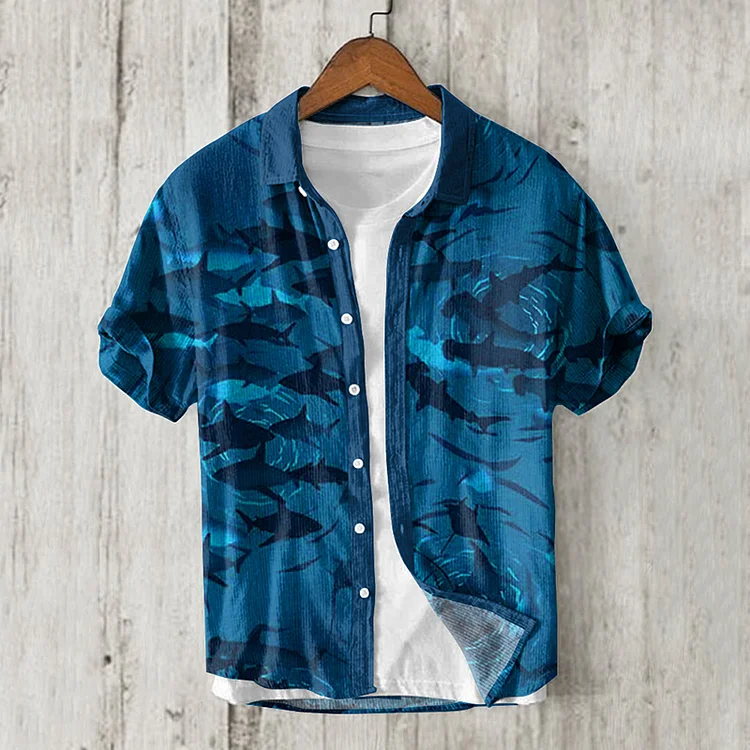 Men's Shark Art Printed Button Casual Shirt