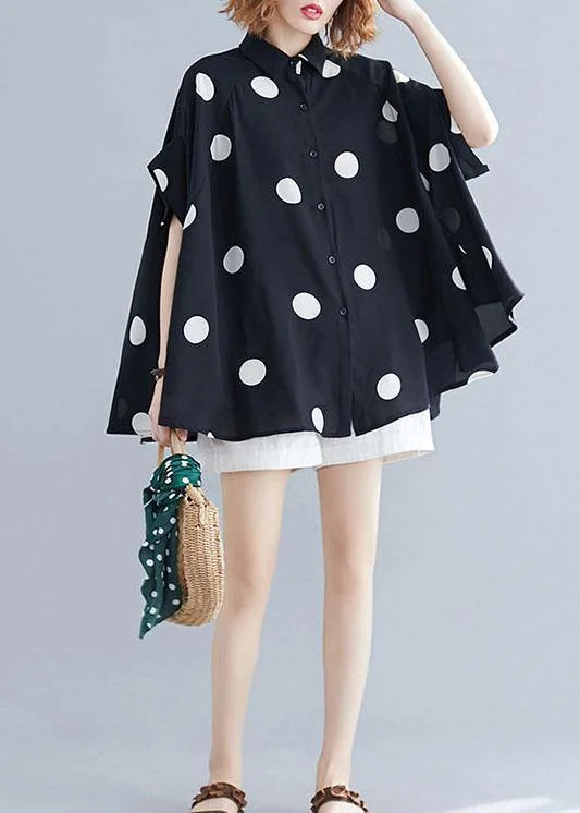 diy black dotted clothes For Women lapel Ruffles top