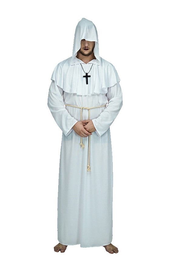 Long Hooded Robe Mens Friar Tuck Wizard Halloween Costume White-elleschic