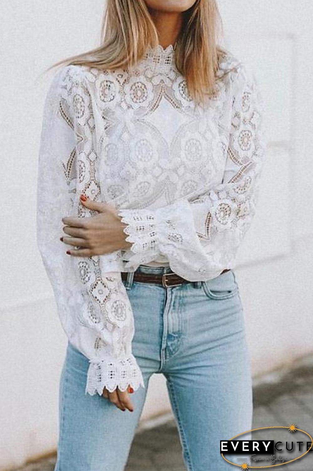 Lace Hollow Puff Sleeve T Shirt