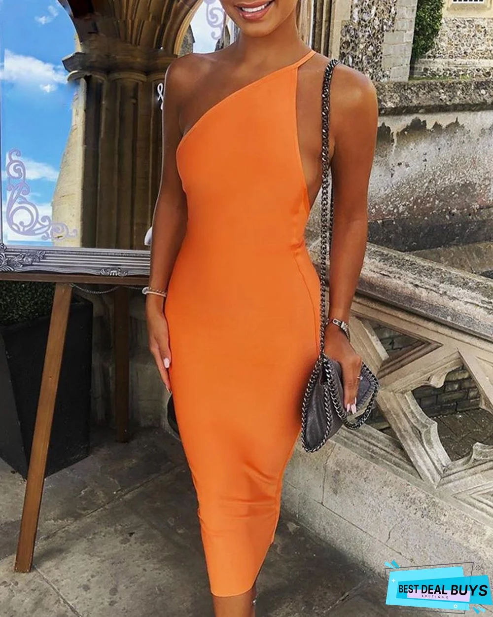 Solid Asymmetrical Neck Bodycon Dress