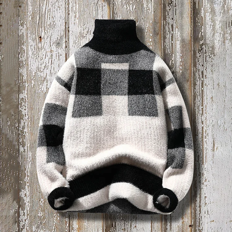 Utbros Turtleneck Plush Check Knit Sweater