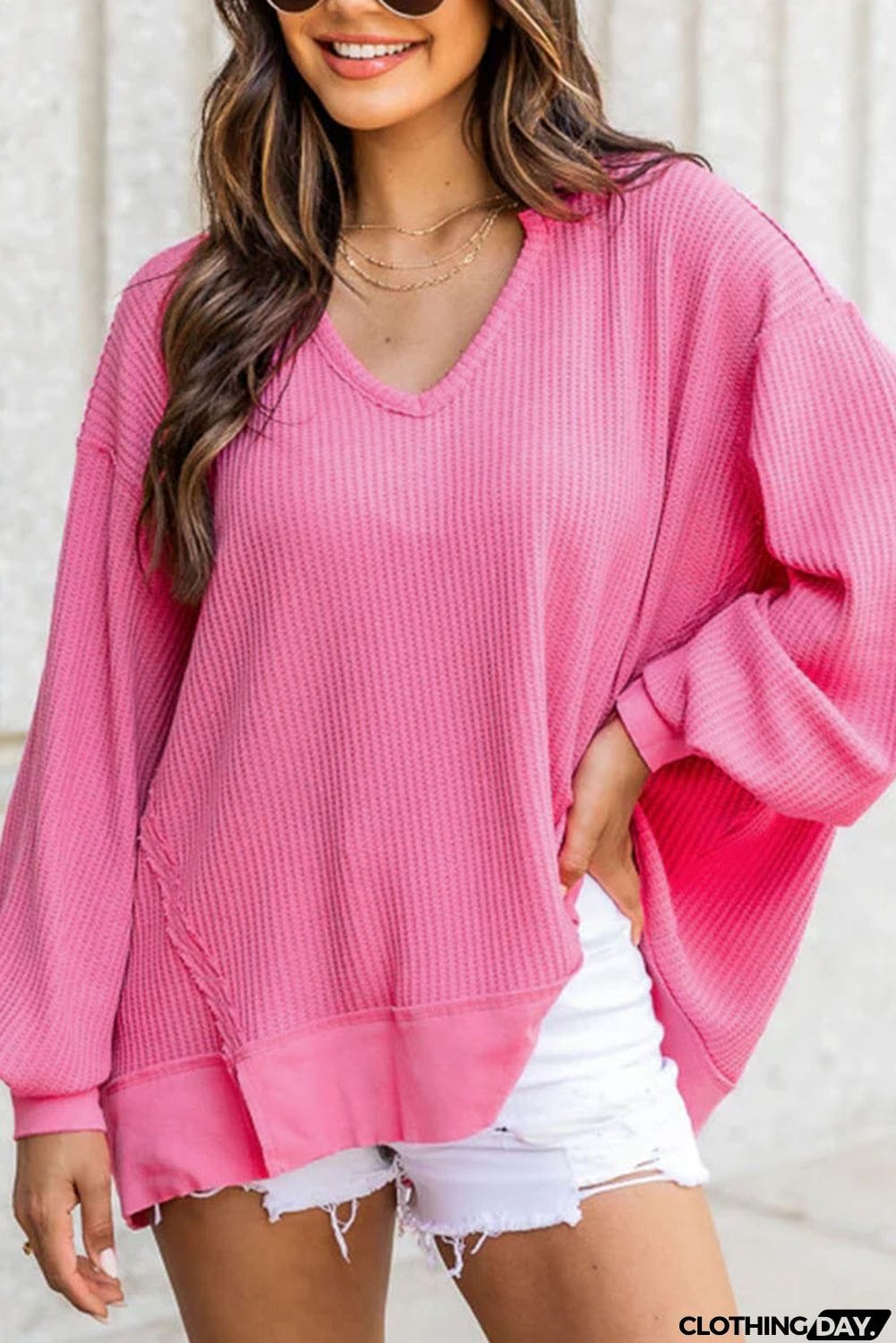 Textured V Neck Drop Shoulder Loose Top
