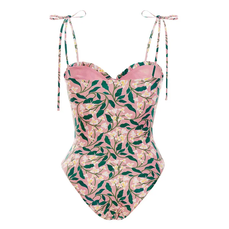 Tie-shoulder Floral Print One Piece Swimsuit and Sarong Flaxmaker