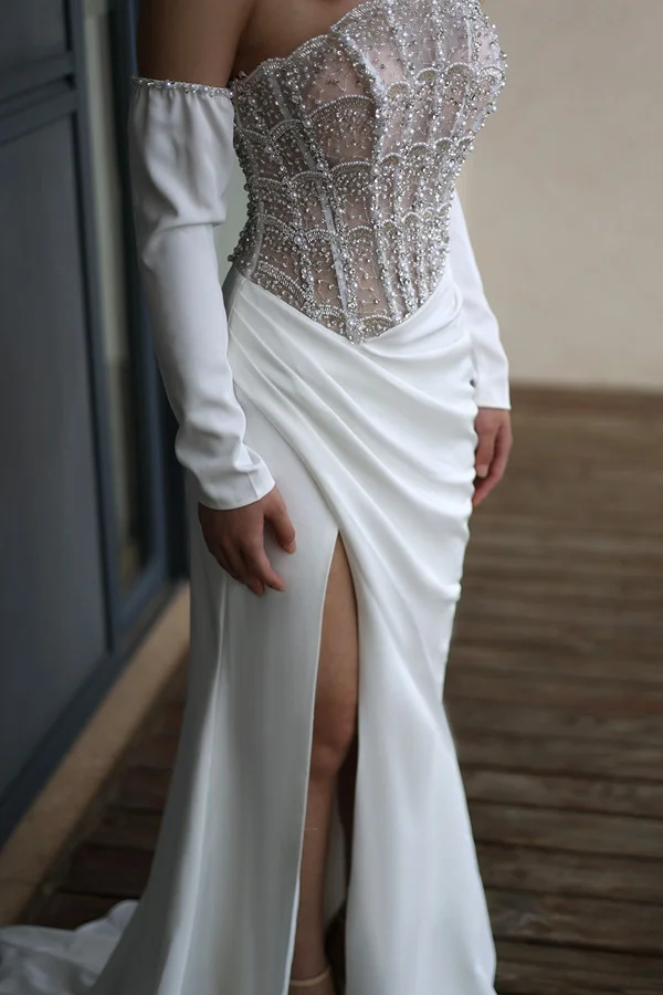 Bellasprom White Long Sleeves Prom Dresses Mermaid Pearls Beads With Slit