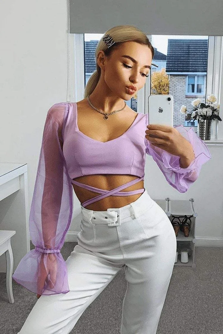 Purple Organza Wrap Tie Crop Top Katch Me
