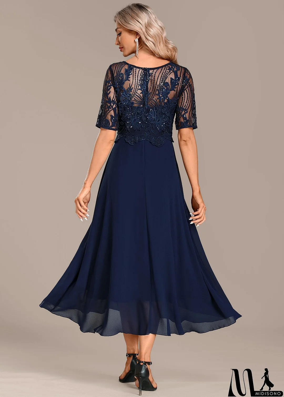 MidiSono - Navy Lace Short Sleeve Round Neck Dress