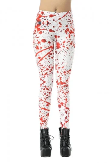 Elastic Blood Splatter Print Halloween Leggings White-elleschic