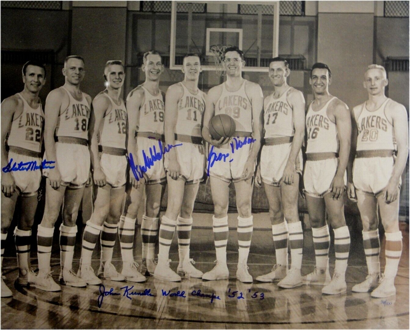 George Mikan John Kundla Slater Martin Mikkelsen Signed 16x20 MPLS Lakers Photo Poster painting