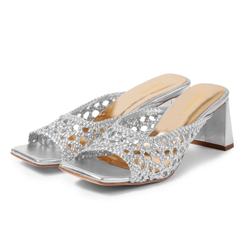 Braided Hollow-Out Square Toe Chunky Heel Silver Sandals for Women Nicepairs