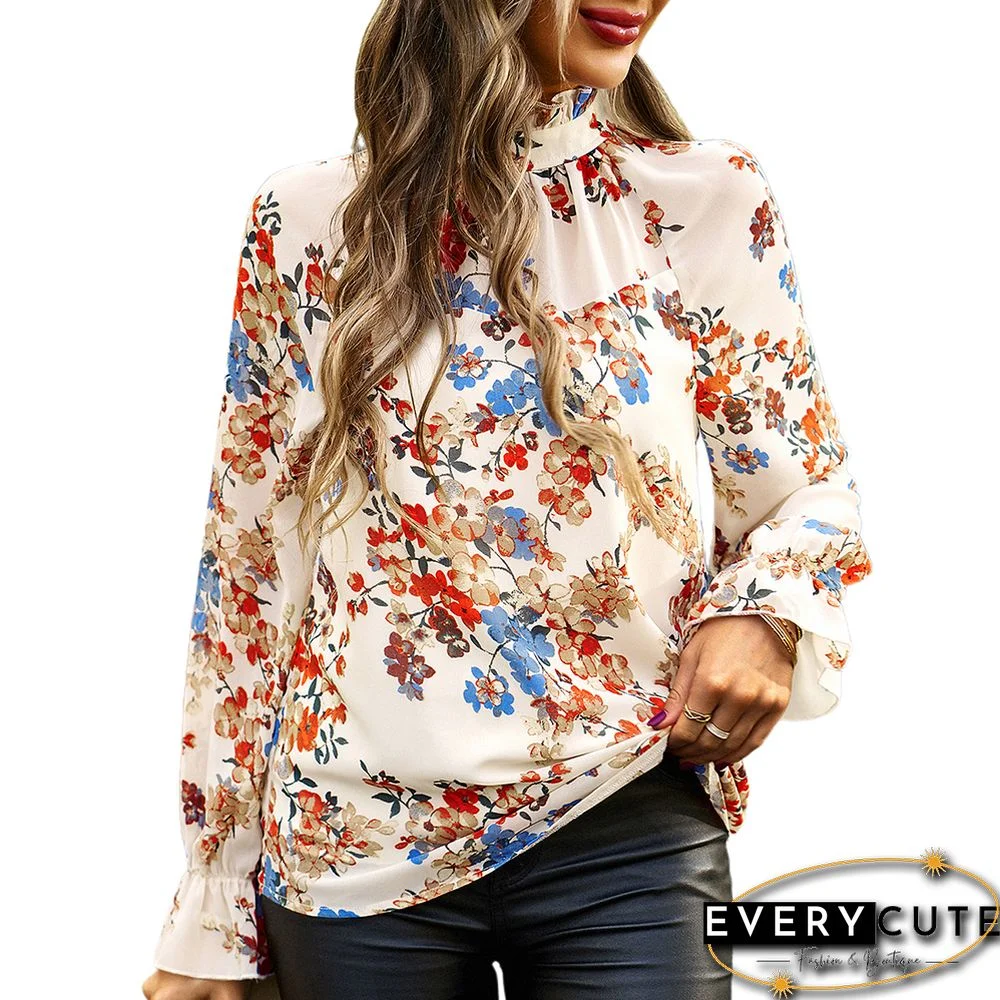 Apricot Floral Print Chiffon Long Sleeve Blouse